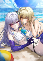 2girls absurdres artist_name ball bare_shoulders beach beachball between_breasts bikini blonde_hair blue_bikini blush breasts cleavage closed_mouth collarbone commentary_request criss-cross_halter dasoin dated day drinking_straw drinking_straw_in_mouth flower genshin_impact hair_between_eyes hair_flower hair_ornament halterneck highres large_breasts looking_at_viewer lumine_(genshin_impact) multiple_girls outdoors prosthesis short_hair_with_long_locks signature skirk_(genshin_impact) swimsuit water white_bikini white_flower yellow_eyes yuri