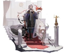 Rule 34 | 1girl, balance scale, black cape, black dress, blue eyes, blue sleeves, cape, closed mouth, column, dikke, dress, frilled sleeves, frills, full body, fur-trimmed cape, fur trim, highres, holding, holding sword, holding weapon, lion, long hair, long sleeves, looking at viewer, official art, pillar, red carpet, reverse:1999, smoke, solo, stairs, statue, sword, tassel, third-party source, very long hair, walking, weapon, weighing scale, white hair, wide sleeves, zweihander