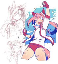 &gt;_&lt; 1girl animal_ears arm_up bandaid bandaid_on_leg blush buruma clenched_hands closed_eyes commentary confetti crying ear_covers english_commentary gloves gym_uniform haru_urara_(umamusume) headband highres horse_ears horse_girl horse_tail jacket long_hair multiple_views one_eye_closed open_mouth pink_eyes pink_hair red_buruma red_gloves shirt tail tears umamusume white_jacket white_shirt zambiie