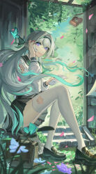 1girl absurdres bag black_shoes blue_butterfly bug butterfly closed_mouth firefly_(honkai:_star_rail) firefly_(spring_missive)_(honkai:_star_rail) gradient_hair grey_hair grey_skirt hand_on_own_face highres holding holding_paper honkai:_star_rail honkai_(series) insect jiang_wu_(user_wewj7328) long_hair long_sleeves looking_at_viewer multicolored_hair official_alternate_costume pantyhose paper pink_eyes plaid_clothes plaid_skirt red_nails school_bag school_uniform shirt shoes skirt smile stairs thick_thighs thighs white_pantyhose white_shirt