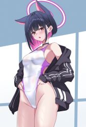 1girl adjusting_clothes adjusting_swimsuit alternate_costume black_choker black_hair black_hoodie blue_archive blush breasts choker collarbone colored_inner_animal_ears colored_inner_hair competition_swimsuit cowboy_shot dot_nose extra_ears groin halo hibika highleg highleg_one-piece_swimsuit highres hood hoodie kazusa_(blue_archive) long_sleeves looking_at_viewer medium_breasts multicolored_hair one-piece_swimsuit open_clothes open_hoodie open_mouth pink_eyes pink_hair pink_halo solo standing swimsuit thighs two-tone_hair