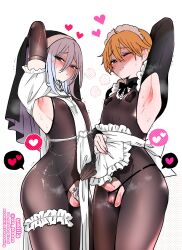 2boys armpits arms_up bodystocking chastity_cage closed_eyes erection flat_chastity_cage half-closed_eyes heart heart_pasties highres looking_at_viewer multiple_boys nagano_rira nipples orange_hair original panties pasties penis small_chastity_cage sweat tagme testicles trap underwear white_background