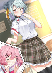 Rule 34 | 2girls, :3, absurdres, amaori renako, black thighhighs, black undershirt, blue hair, blush, bow, brown skirt, chalkboard, classroom, clenched teeth, closed eyes, collared shirt, cowboy shot, desk, dress shirt, dutch angle, facing to the side, hair bun, hair ornament, hairclip, hand to own mouth, hands up, highres, koyanagi kaho, looking at another, multiple girls, naughty face, ozawa sayori, parallel hairclips, pink hair, plaid clothes, plaid skirt, red bow, ribbon, school, school desk, school uniform, shirt, shirt tucked in, short hair, short sleeves, skirt, skirt hold, solo focus, teeth, thighhighs, watashi ga koibito ni nareru wake naijan murimuri!, white shirt, x hair ornament, yellow eyes, yellow ribbon, yuri
