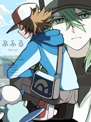 2boys artist_name baseball_cap blue_jacket brown_hair commentary_request gen_5_pokemon green_hair hat hilbert_(pokemon) jacket male_focus multiple_boys n_(pokemon) nintendo oshawott poke_ball_print pokemon pokemon_bw pufuru2025 signature twitter_username