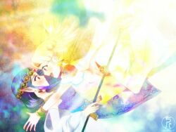 2girls armor artist_logo artist_name blonde_hair blue_eyes blush cape chichi_band circlet commentary_request dress eye_contact from_side gem holding holding_staff logo long_hair looking_at_another multiple_girls nintendo open_mouth parted_lips princess_hilda princess_zelda purple_dress purple_hair red_eyes red_gemstone shoulder_armor smile staff teeth the_legend_of_zelda the_legend_of_zelda:_a_link_between_worlds upper_teeth_only white_cape yuri