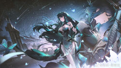 Rule 34 | 1girl, bare shoulders, black gloves, black hair, blue butterfly, breasts, bug, building, butterfly, china dress, chinese clothes, cleavage, closed eyes, closed mouth, copyright name, dress, earrings, floating hair, full body, gloves, green dress, green hair, grey hair, hair ornament, hanying: solacetune (pgr), hanying (pgr), highres, holding, insect, instrument, jewelry, long hair, mole, mole under eye, music, necklace, night, night sky, official art, outdoors, parted lips, playing instrument, punishing: gray raven, shamisen, shooting star, sky, sleeveless, sleeveless dress, smile, solo, star (sky), starry sky, watermark, weibo watermark, xtears kitsune
