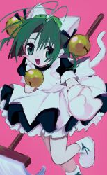1girl animal_ears animal_hands animal_hat antenna_hair apron bell cat_ears cat_hat cat_tail dejiko di_gi_charat gloves green_eyes green_hair hair_bell hair_ornament hat highres looking_at_viewer maid_apron mittens paw_gloves paw_shoes pepeppepe101 short_hair smile solo tail white_mittens