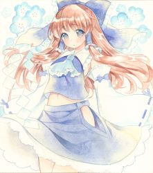 Rule 34 | 1girl, alternate color, ascot, blue eyes, blush, bow, brown hair, female focus, flower, frills, gohei, hair bow, hair tubes, hakurei reimu, haraegushi, highres, japanese clothes, long hair, meimu, midriff, miko, mugicha (mugicha0929), oonusa, painting (medium), solo, touhou, traditional media, watercolor (medium)