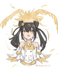 Rule 34 | 1girl, 1other, aged down, bird, black hair, breasts, chicken, collarbone, duel monster, feathered wings, feathers, hair between eyes, hair ornament, highres, japanese clothes, light blush, long hair, looking up, medium breasts, nontraditional miko, official alternate costume, official alternate hairstyle, ohime the manifested mikanko, open mouth, simple background, smile, upper body, white background, wings, yellow eyes, yoruno tori3, yu-gi-oh!