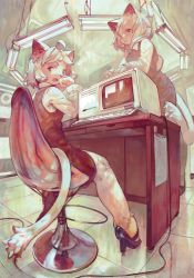 2girls :3 :d ahoge animal_ears black_footwear cat_ears cat_girl cat_tail chair computer crt denchou desk dress female_focus furry furry_female high_heels highres looking_at_viewer medium_hair multiple_girls office_lady open_mouth original reflective_floor shoes short_dress sitting smile tail tile_floor tiles wire