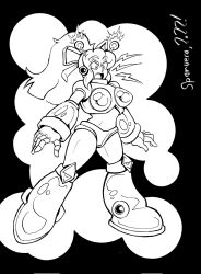 antennae armor armored_boots armored_gloves arms_up bikini_armor black_background boots breasts hair_ribbon hairband headphones highres hyper_roll_(marvel_vs._capcom) ink joints knee_boots knee_pads large_breasts long_hair looking_at_viewer marvel_vs._capcom mechanical_arms mechanical_boots mechanical_legs mega_man_(classic) mega_man_(series) ponytail pumpkinsareholy radio_antenna ribbon robot robot_girl robot_joints roll_(mega_man) shoulder_armor sidelocks simple_background smile two-tone_background white_background