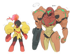 ... 1girl 1other arm_cannon armarouge armor assault_visor color_connection company_connection cowboy_shot crossover full_body green-tinted_eyewear helmet metroid metroid:_samus_returns nintendo orange_armor pokemon power_armor power_suit_(metroid) red_helmet samus_aran shoulder_armor simple_background speech_bubble tinted_eyewear trait_connection translation_request varia_suit wakaba_(wata_ridley) weapon white_background yellow_armor