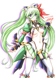 Rule 34 | 1girl, animal ears, artist name, blush, breasts, cat day, cat ears, cat tail, dated, einhard stratos, fake animal ears, fake tail, green hair, hatara, heterochromia, highres, large breasts, lyrical nanoha, magical girl, mahou shoujo lyrical nanoha vivid, navel, nipples, solo, tail, thighhighs, white thighhighs