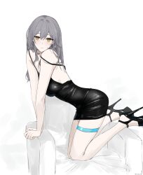 1girl absurdres alternate_costume bare_shoulders black_dress black_shoes breasts closed_mouth dress earrings feint721 from_side full_body grey_hair high_heels highres honkai:_star_rail honkai_(series) jewelry kneeling large_breasts light_blush long_hair looking_at_viewer on_chair shoes solo stelle_(honkai:_star_rail) strap_slip thigh_strap trailblazer_(honkai:_star_rail) yellow_eyes