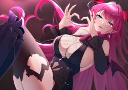 1girl absurdres azur_lane bare_shoulders black_dress black_thighhighs blue_eyes breasts cleavage commentary demon_girl demon_horns demon_wings detached_sleeves dress feet_out_of_frame heart heart_hands heterochromia highres horns konparu_uran large_breasts long_hair looking_at_viewer mecklenburg_(azur_lane) pink_eyes pink_horns pointy_ears solo thighhighs very_long_hair watermark wings