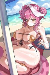 1girl absurdres animal_ears ass bare_shoulders beach bikini blue_innertube blue_sky blush breasts cleavage closed_mouth cloud cloudy_sky collarbone commentary day double_bun english_commentary eyepatch_bikini fingernails front-tie_bikini_top front-tie_top hair_bun hair_intakes highres holding_strap hololive hololive_english hoot_hoot_owl large_breasts long_hair looking_at_viewer multicolored_hair nail_polish ocean outdoors panther_ears panther_girl panther_tail parasol pink_hair pink_nails raora_panthera sand skindentation sky smile solo streaked_hair swimsuit tail thighs two-tone_hair umbrella virtual_youtuber yellow_bikini yellow_eyes