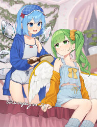 2girls blue_eyes blue_hair blue_shirt blue_shorts blush cirno closed_mouth commentary_request commission daiyousei fairy fairy_wings green_eyes green_hair highres kanpa_(campagne_9) long_hair looking_at_another midriff multiple_girls open_mouth shirt short_hair shorts sitting skeb_commission smile touhou white_shirt white_shorts wings