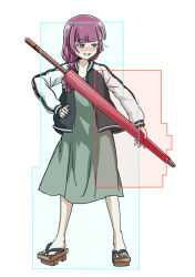 1girl black_jacket black_nails blazblue blush bocchi_the_rock! bow closed_umbrella dress fighting_game fingernails full_body geta green_bow green_dress grin hair_bow hair_over_shoulder hand_on_own_hip hiroi_kikuri hitbox holding holding_umbrella jacket kisaragi_jin legs_apart long_hair long_sleeves low-braided_long_hair low-tied_long_hair medium_dress multicolored_jacket nail_polish nose_blush oil-paper_umbrella open_clothes open_jacket pink_eyes pink_hair red_umbrella simple_background smile solo standing teeth toenail_polish toenails torako_(toramaru) twitter_username two-tone_jacket umbrella watermark white_background white_jacket