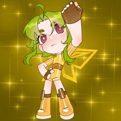 1girl ahoge arm_up belt boots bright_pupils brown_belt brown_gloves brown_leotard chibi clenched_hand closed_mouth commentary commission english_commentary expressionless eyes_visible_through_hair fingerless_gloves glitter gloves green_hair hand_on_own_hip high-waist_shorts highres knee_boots leg_belt leotard leotard_under_clothes light_blush light_frown looking_at_viewer original parted_bangs purple_eyes shirt short_hair_with_long_locks short_shorts short_sleeves shorts signature solo sparkle standing thick_eyebrows turtleneck turtleneck_shirt white_pupils wikate winx_club yellow_background yellow_boots yellow_shirt yellow_shorts