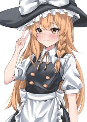 1girl apron blonde_hair blush bow braid breasts check_commentary closed_mouth collared_shirt commentary commentary_request hat hat_bow highres kirisame_marisa light_smile long_hair ramiki_(ramiki_3) shirt simple_background single_braid small_breasts solo touhou victory_pose waist_apron white_background white_bow witch_hat yellow_eyes