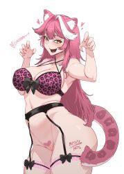 1girl absurdres alternate_costume animal_ears artist_name black_bow black_garter_belt blush bow bra breasts claw_pose cleft_of_venus collarbone commentary criss-cross_halter english_commentary fangs fingernails frilled_thigh_strap garter_belt groin hair_intakes halterneck heart heart-shaped_pubic_hair highres hololive hololive_english large_breasts leopard_print_bra lingerie long_hair looking_at_viewer multicolored_hair myth1carts nail_polish navel no_panties open_mouth paid_reward_available panther_ears panther_girl panther_tail photo-referenced pink_bra pink_hair pink_nails pubic_hair pussy pussy_peek raora_panthera shaped_pubic_hair simple_background smile solo stomach streaked_hair tail teeth thigh_bow thigh_strap thighs two-tone_hair underwear underwear_only upper_teeth_only virtual_youtuber white_background white_hair yellow_eyes