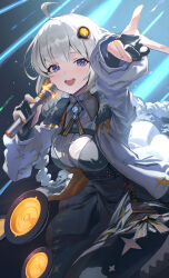 17b 1girl ahoge black_dress black_gloves black_pantyhose blue_eyes braid breasts collared_shirt cowboy_shot cross_tie dress fingerless_gloves fur_trim gloves grey_hair hair_ornament highres holding holding_microphone jacket kizuna_akari large_breasts long_hair long_sleeves looking_at_viewer microphone open_clothes open_jacket open_mouth orange_nails outstretched_arm pantyhose ribbed_shirt shirt smile solo spotlight stage_lights star_(symbol) star_print teeth twin_braids underbust upper_teeth_only very_long_hair voiceroid white_hair white_jacket white_shirt yellow_nails