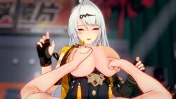 1boy 1girl 3d :o ahoge animated arms_up black_gloves breast_focus breast_lift breast_poke breast_press breast_suppress breasts breasts_out breasts_squeezed_together chinese_clothes clothed_female_nude_male cropped_jacket elbow_gloves eyebrows_hidden_behind_hair eyebrows_hidden_by_hair eyelashes eyeliner fingerless_gloves from_below gloves grabbing_another&#039;s_breast grabbing_another&#039;s_breasts groping hair_between_eyes hair_ornament half-closed_eyes high-waist_shorts huge_breasts indoors jacket large_breasts light_rays long_hair looking_at_viewer looking_to_the_side looking_up makeup nipple_stimulation nipple_tweak nipples nude open_clothes open_mouth poking pov pov_hands rolling_eyes shinaosumata shorts sidelocks single_elbow_glove single_hair_intake sleeveless smile steam tagme teeth tongue unaligned_breasts upper_body very_long_hair video vignetting white_hair wince yellow_eyes yellow_jacket yi_xuan_(zenless_zone_zero) zenless_zone_zero