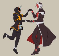 Rule 34 | 2boys, armor, belt, black eyes, cloak, coat, dancing, foxyelie, ghost, helmet, holding hands, hood, hood down, horns, jewelry, kamen rider, kamen rider ghost, kamen rider ghost (series), kamen rider wizard, kamen rider wizard (series), male focus, mask, masked, masked male, multiple boys, musical note, orange armor, red armor, ring, sweat, sweatdrop
