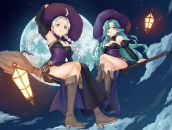 2girls absurdres ahoge alternate_costume aqua_hair bare_shoulders blue_eyes boots bow braid breasts broom broom_riding chloe_(fire_emblem) cleavage commission commissioner_upload cosplay detached_collar earrings fire_emblem fire_emblem_engage fire_emblem_fates fold-over_boots full_body full_moon green_eyes hair_bow hair_ribbon halloween halloween_costume highres igni_tion jewelry knee_boots lantern large_breasts leather leather_boots long_hair looking_at_viewer low_twin_braids low_twintails medium_breasts moon multiple_girls night night_sky nina_(fire_emblem) nintendo non-web_source parted_bangs purple_bow purple_ribbon ribbon side_braid sky teardrop_earrings twin_braids twintails witch witch_(fire_emblem_fates) witch_(fire_emblem_fates)_(cosplay)