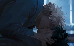 2boys bakugou_katsuki black_jacket blue_jacket boku_no_hero_academia closed_eyes commentary dyn4bun facial_scar hand_on_another&#039;s_face hashtag-only_commentary highres jacket kiss lying male_focus midoriya_izuku multiple_boys on_back scar scar_on_cheek scar_on_face suit_jacket unzipped upper_body yaoi zipper