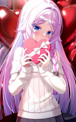 1girl absurdres alternate_costume balloon bare_shoulders blue_eyes blush box citlali_(genshin_impact) closed_mouth commentary facial_mark forehead_mark genshin_impact gift gift_box hands_up heart-shaped_box heart_balloon highres holding holding_box kapa_draws korea long_hair long_sleeves looking_at_viewer multicolored_hair off-shoulder_sweater off_shoulder pink_hair pink_pupils purple_hair solo sweater triangle triangle_facial_mark valentine very_long_hair white_sweater