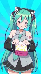 &gt;_&lt; 1girl :&lt; :3 :d :o animal_ear_fluff animal_ear_hairband animal_ears animated aqua_background aqua_hair aqua_necktie audible_music audible_speech bag bare_shoulders bird black_skirt black_sleeves black_thighhighs cat_ear_hairband cat_ears chibi chicken closed_mouth commentary cowboy_shot dancing detached_sleeves fake_animal_ears falling fang female_focus food french_fries grey_shirt hair_between_eyes hairband hatsune_miku highres holding holding_bag kirby kirby_(series) long_hair making-of_available mcdonald&#039;s necktie nintendo notice_lines nyanyanyanyanyanyanya!_(vocaloid) o_o open_mouth orange_background paper_bag pleated_skirt purple_background shakacat shake_shake_fries shaking shirt simple_background skin_fang skirt sleeveless sleeveless_shirt smile solo sound sparkling_eyes sunburst sunburst_background tail thighhighs torinokawori twintails very_long_hair very_long_sleeves video vocaloid w_arms yellow_background zettai_ryouiki