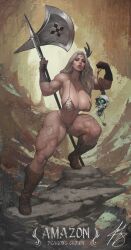 1girl amazon_(dragon&#039;s_crown) axe bikini blonde_hair bodypaint boots breasts cleavage dragon&#039;s_crown feather_hair_ornament feathers gloves hair_ornament halberd holding holding_axe holding_polearm holding_weapon ickpot looking_at_viewer muscular muscular_female narrow_waist outdoors polearm solo standing swimsuit thick_thighs thighs weapon