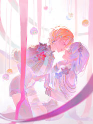 Rule 34 | 2girls, absurdres, blonde hair, cape, glasses, green eyes, grey hair, hair ornament, hair over one eye, hair over shoulder, hairclip, hand on another&#039;s chin, heaven burns red, highres, imminent kiss, izumi yuki (heaven burns red), kayamori ruka, kea (hongsirongxiaodangaohongbeizhong), leg between thighs, long hair, multiple girls, official alternate costume, one eye covered, red eyes, round eyewear, scorpio95715391, short hair, yuri