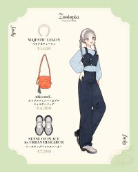 1girl braid grey_hair highres humanization judy_hopps long_hair long_sleeves looking_at_viewer low_twin_braids meecosme open_mouth pants police police_badge police_uniform policewoman purple_eyes shirt single_braid smile solo twin_braids zootopia
