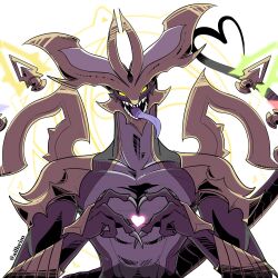 1boy ailheim artist_name chronos_nyx commentary cygames dragalia_lost dragon_boy dragon_horns english_commentary facing_viewer fangs four-finger_heart_hands furry furry_male heart heart_hands highres horns male_focus nintendo open_mouth tongue tongue_out upper_body white_background wings