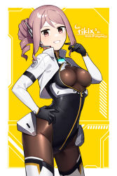 1girl alice_gear_aegis artist_name black_gloves black_leotard bodystocking bodysuit breasts brown_eyes brown_hair commission contrapposto cowboy_shot cropped_jacket drill_hair gloves grin hand_on_own_hip hand_up headset highleg highleg_leotard highres jacket kazune_rain leotard long_sleeves looking_at_viewer medium_breasts medium_hair open_clothes open_jacket pink_eyes pink_hair race_queen shrug_(clothing) sidelocks skeb_commission smile solo standing thighhighs white_jacket yellow_background yotsuya_yumi