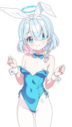 1girl arona_(blue_archive) bare_shoulders blue_archive blue_bow blue_bowtie blue_eyes blue_hair blue_halo blush bow bowtie braid breasts colored_inner_hair commentary covered_navel detached_collar english_commentary hairband halo highres leotard loli looking_at_viewer mnkr98 multicolored_hair nipples pantyhose pink_hair playboy_bunny simple_background small_breasts smile solo traditional_bowtie white_background white_hairband white_pantyhose wrist_cuffs