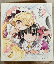 2girls animal_ears black_eyes black_hair blonde_hair brown_eyes cat_ears cat_girl cat_tail commentary_request dress hair_bobbles hair_ornament highres kagami_kuro kodomo_no_jikan kokonoe_rin long_hair looking_at_viewer lying maid maid_headdress multiple_girls on_stomach one_eye_closed open_mouth photo_(medium) purple_dress shikishi tail traditional_media very_long_hair watashiya_kaworu wrist_cuffs