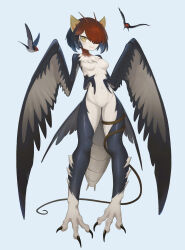 1girl abdomen_tail antennae arthropod_girl bird bird_tail black_hair breasts commentary daon_(kenta111881) extra_arms fusion harpy highres mole mole_under_eye monster_girl multicolored_hair neck_fur original parasite red_hair short_hair slit_pupils small_breasts smile solo tail talons two-tone_hair winged_arms wings yellow_eyes