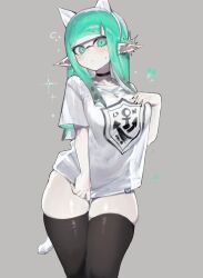1girl animal_ear_hairband animal_ears black_choker black_nails black_panties black_thighhighs blunt_bangs blush breasts cat_ears cat_tail choker closed_mouth commentary_request covered_navel ear_piercing earrings fake_animal_ears fake_tail flying_sweatdrops green_eyes green_hair grey_background hairband hand_on_own_chest highres inkling inkling_girl inkling_player_character jewelry large_breasts long_hair long_pointy_ears long_sidelocks looking_at_viewer nintendo no_pants panties piercing pointy_ears see-through_clothes see-through_shirt see-through_silhouette shirt short_sleeves sidelocks skindentation slit_pupils solo splatoon_(series) stud_earrings sweat t-shirt tail tentacle_hair thighhighs thighs togetoge underwear white_hairband white_shirt wide_hips