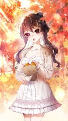 1girl autumn bag black_bow black_hair blush bow breasts brown_jacket cleavage collarbone commentary_request day dress follower_(identity_v) food frilled_dress frills hair_bow highres holding holding_bag identity_v jacket long_hair long_sleeves looking_at_viewer medium_breasts open_clothes open_jacket open_mouth outdoors paper_bag puffy_long_sleeves puffy_sleeves purple_eyes sleeves_past_wrists solo taiyaki teeth tempy_(rinsia) tree upper_teeth_only wagashi white_dress