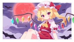 1girl absurdres blonde_hair blush_stickers crystal_wings flandre_scarlet full_moon hat highres masakamea mob_cap moon night red_eyes red_moon red_shirt red_skirt shirt skirt smile solo touhou white_hat