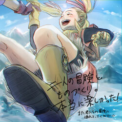 1boy 1girl backpack bag bike_shorts_under_skirt black_shorts black_sleeves blonde_hair blue_sky boots chiekotsuto closed_eyes commentary_request day dragon_quest dragon_quest_builders_2 dress earrings falling female_builder_(dqb2) floating_clothes floating_hair fringe_trim gloves hair_pulled_back hair_ribbon holding_hands hoop_earrings jewelry mountain neckerchief open_mouth outdoors purple_sleeves red_dress red_gloves red_ribbon ribbon shorts sidoh_(dqb2) sky smile solo_focus translation_request twintails two-tone_dress water white_dress yellow_boots yellow_gloves yellow_neckerchief