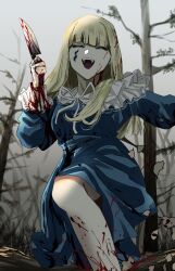 1girl blonde_hair blood blood_in_hair blood_on_face blood_on_hands blood_on_leg bloody_knife blue_dress closed_eyes commentary dress gunjyou_(gunjyou_00) highres holding holding_knife knife long_hair long_sleeves open_mouth original outdoors solo teeth tree upper_teeth_only
