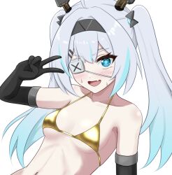 1girl bikini black_hairband blue_eyes blue_hair blush breasts commentary_request elbow_gloves eyepatch fang girls&#039;_frontline girls&#039;_frontline_2:_exilium gloves gold_bikini gradient_hair hairband long_hair looking_at_viewer medium_breasts mo_(girls&#039;_frontline_2) mosoro multicolored_hair navel open_mouth simple_background skin_fang solo streaked_hair sweatdrop swimsuit two-tone_hair upper_body v white_background white_hair