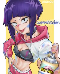 1girl :p absurdres ai_shou artist_name audio_jack black_choker black_eyes boku_no_hero_academia breasts choker cleavage collarbone commission hand_on_own_hip highres hooded_shrug jiro_kyoka long_earlobes looking_at_viewer midriff navel paint paint_on_body purple_hair short_hair short_shorts shorts shrug_(clothing) small_breasts smile solo sports_bra spray_paint tongue tongue_out