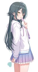Rule 34 | 1girl, blue necktie, blue skirt, candy, commentary request, cowboy shot, food, frilled skirt, frills, from side, gakuen idolmaster, green eyes, green hair, hair flaps, heart, heart-shaped food, heart-shaped lollipop, highres, holding, holding candy, holding food, holding lollipop, hood, hood down, hooded jacket, idolmaster, jacket, kitano yukito, lollipop, long hair, long sleeves, looking at viewer, miniskirt, necktie, open clothes, open jacket, shaped lollipop, simple background, skirt, solo, tongue, tongue out, tsukimura temari, white background, white jacket