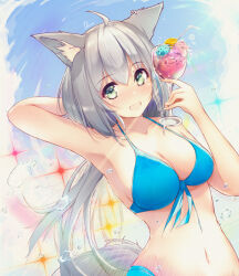 1girl ahoge alternate_costume animal_ear_fluff animal_ear_piercing animal_ears arm_up armpits bikini blue_bikini blush braid breasts cleavage collarbone cream cup dermar drinking_straw food front-tie_bikini_top front-tie_top green_eyes grey_hair hair_between_eyes highres holding holding_cup hololive ice_cream large_breasts long_hair navel open_mouth shirakami_fubuki side_braid smile solo stomach swimsuit virtual_youtuber