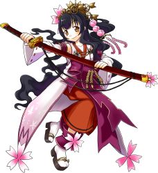 1girl black_hair blush brown_eyes closed_mouth collarbone female_focus full_body highres holding holding_sword holding_weapon kanatarou long_hair looking_at_viewer official_art sakurako_kujo sandals sheath sheathed smile socks solo sword transparent_background trouble_witches_neo weapon white_socks